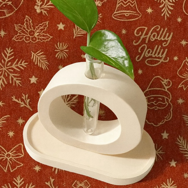 Lọ hoa xi măng trắng tròn, kèm dĩa + ống nghiệm dùng để cắm hoa giả, hoa thật, trang trí decor