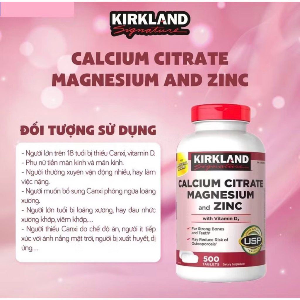 Canxi Zinc Kirkland 500 viên uống bổ xung Calcium Citrate Magnesium and kẽm( Hàng nội địa Mỹ) D3