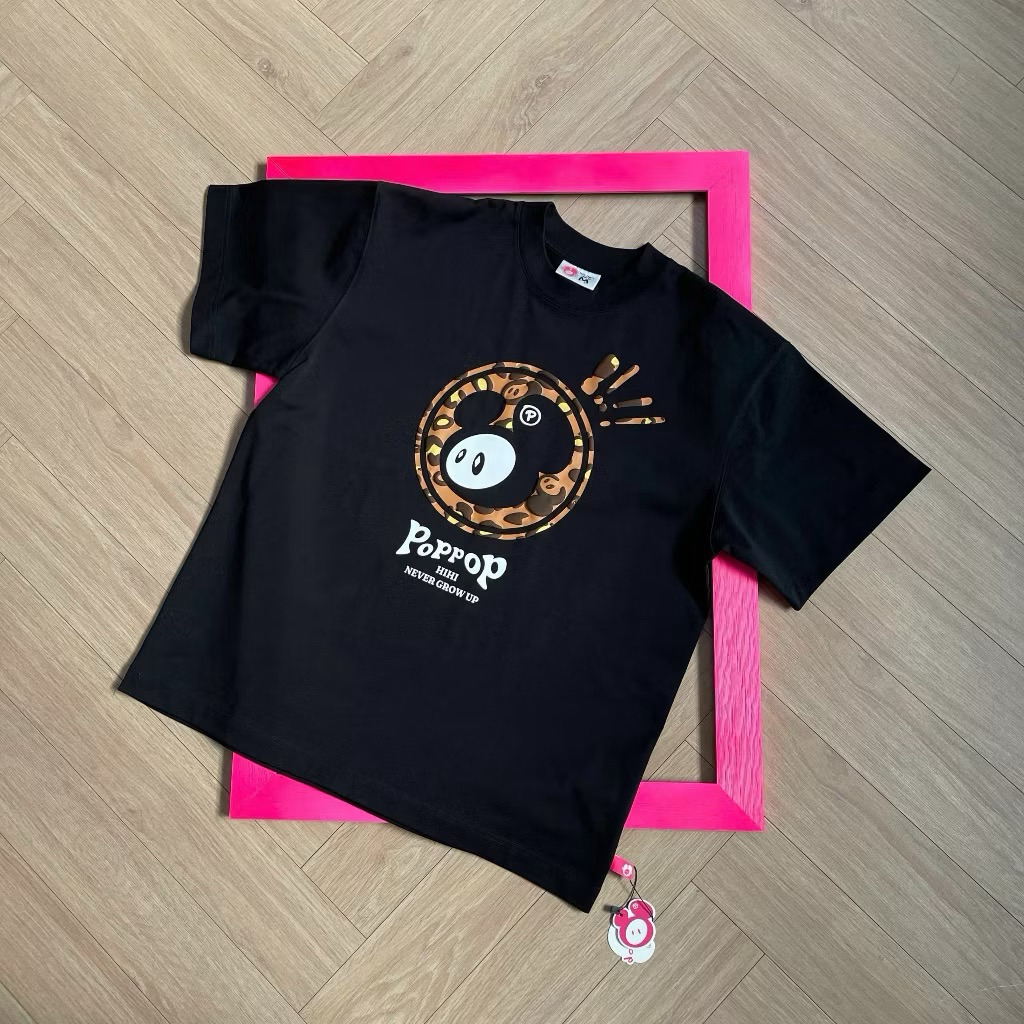 Áo thun Poppop Mascot PP Leopard Oversize T-Shirt BLACK/ BROWN hình in nổi chính hãng