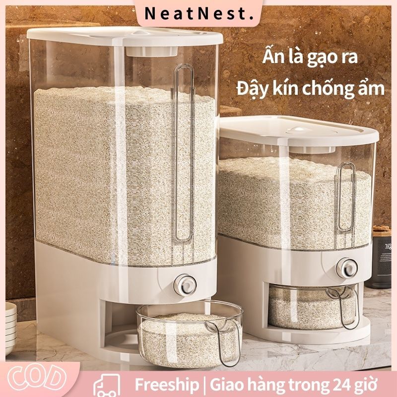 HÀNG MỚI Thùng Gạo Tự Động Trong Suốt, Chống Ẩm Mốc 5kg-10kg - Ấn Nút Lấy Gạo, Nắp Kín