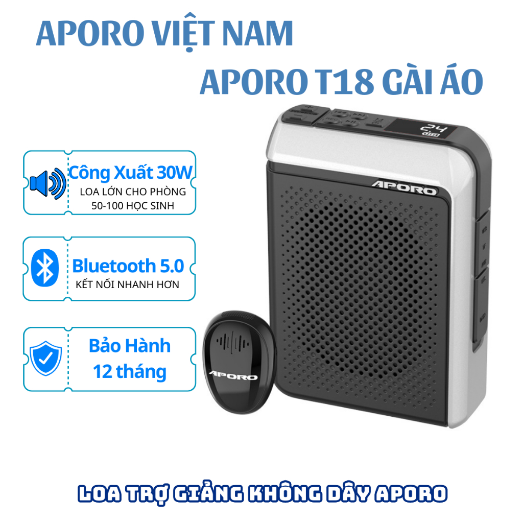 Loa trợ giảng không dây APORO T18 cài áo Âm Thanh Mạnh Mẽ – Công Suất 30W