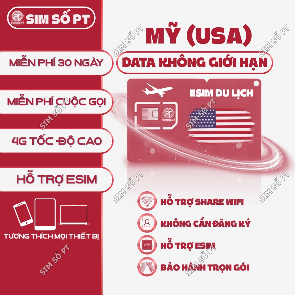 eSIM Du Lịch Mỹ T-Mobile Không Giới Hạn Data Gọi – 10 Đến 30 Ngày – Hỗ Trợ eSIM – Sóng 5G