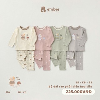  Bộ Thu Đông Cho Bé Embes Đồ Bộ Dài Tay In Họa Tiết Chất Dày Ấm Áp Cho Bé Trai Bé Gái Size Từ 8-18Kg 