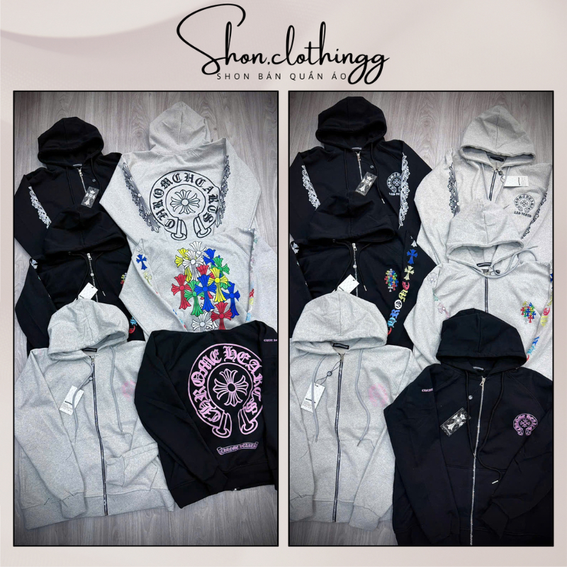 Áo Khoác Hoodie Zip Nỉ Chân Cua CHROME HEART In Hình Sắc Nét Dày Dặn Thoáng Mát Full Tem Tag Mạc