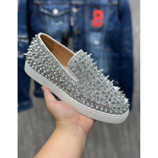  Giày Slipon Nam - Giày Lười Nam 07 Đinh Nhọn Trắng Full Cây Lấp Lánh Fom Đẹp Đế Cao Su Đúc Đặc Hàng Full Box 