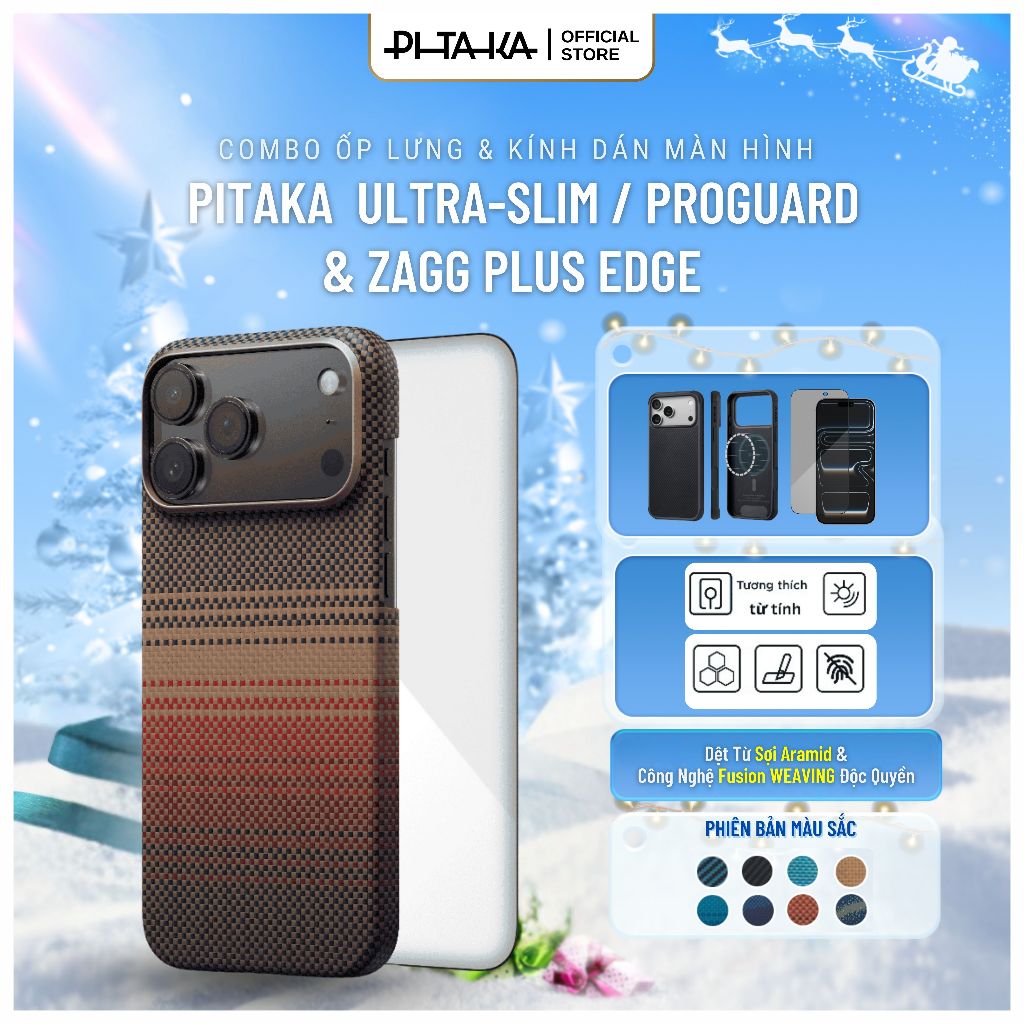[iPhone 16/17 Series/ Samsung S25 Ultra] Combo Ốp lưng PITAKA và kính dán màn hình ZAGG Plus Edge