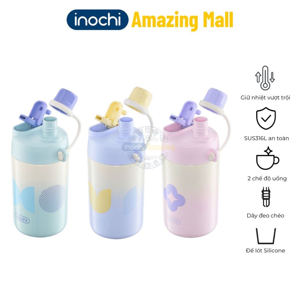 Bình giữ nhiệt Inochi Fuji Glee 580ml 2 chế độ uống dây đeo chéo màu sắc thời trang Amazing Mall