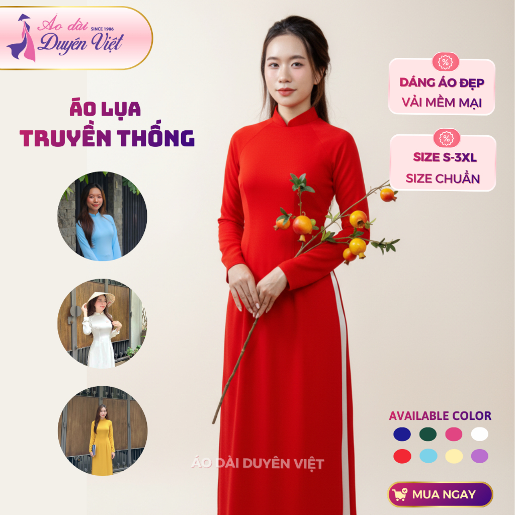 Áo dài lụa nữ cao cấp dáng truyền thống may sẵn S-3XL chất liệu mềm nhẹ phù hợp đi tiệc và công sở.
