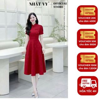  Đầm cổ tàu Nhật Vy tay ngắn form dáng xoè chất lụa xước phù hợp dự tiệc mặc tết chụp ảnh - D3232 