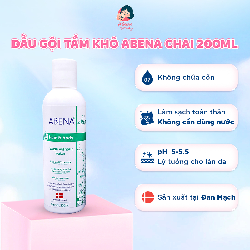 Dầu gội tắm khô Abena chai 200ml giúp làm sạch dịu nhẹ an toàn cho da - Nhập Khẩu Đan Mạch