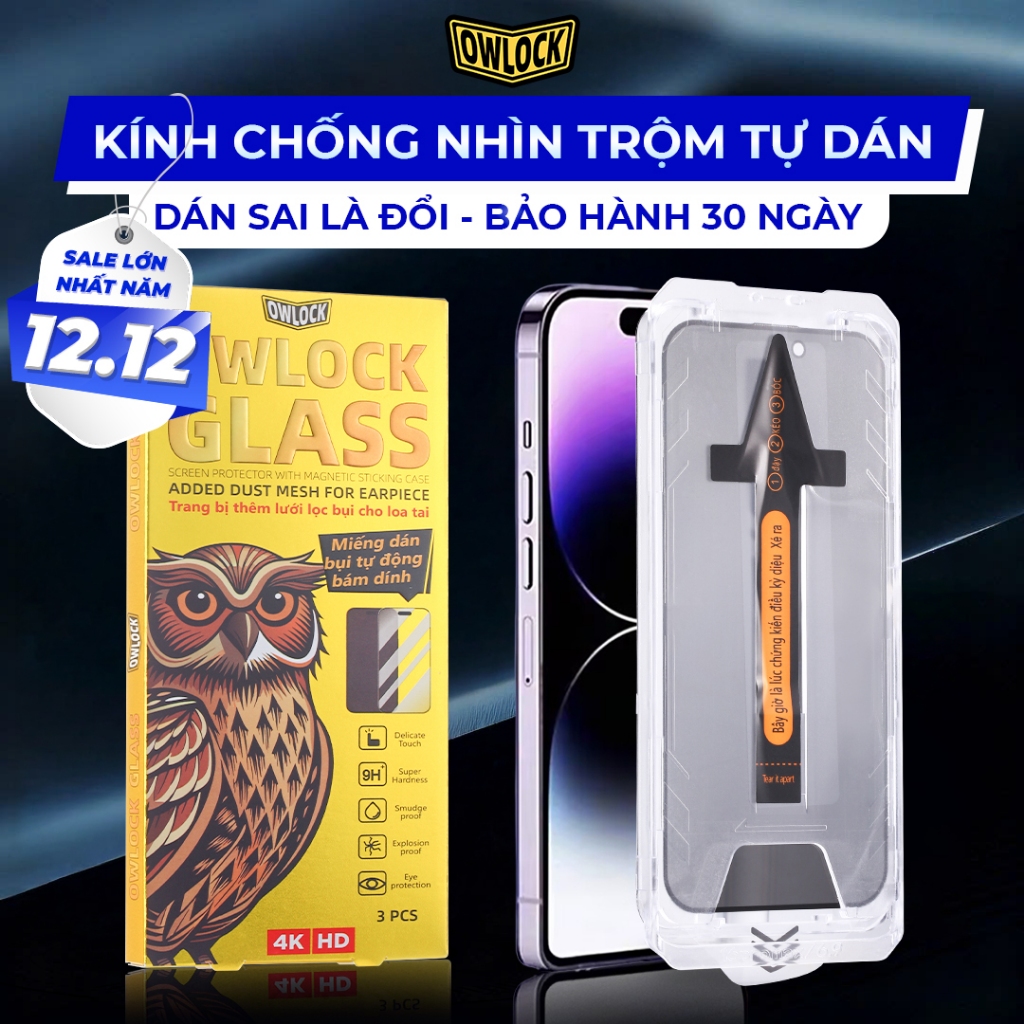 [Có IP 17 Series] Kính Cường Lực Chống Nhìn Trộm OWLOCK Có Khung Tự Dán, Chống Vân Tay, Chống Trầy X