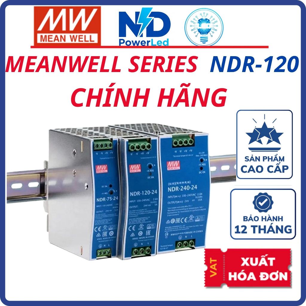 Nguồn DIN Rail MEANWELL NDR-120 Series | 120W | 12V 24V 48V | Siêu Mỏng, Lắp Tủ Điện