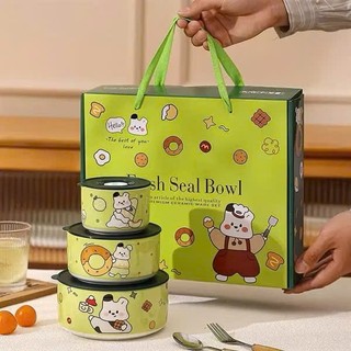 Bộ 3 bát sứ có nắp Fresh Seal Bowl - Hộp cơm sứ, bát dặm giữ kín hơi, chống tràn siêu xinh