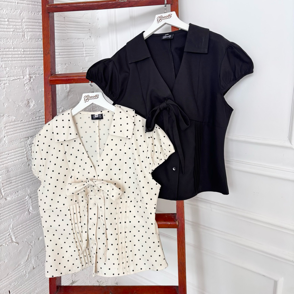 LASSIE BIGSIZE| Áo sơmi kiểu cổ tim tay phồng Bigsize mùa hè cho nữ 2 màu trắng và đen MIMI TOP