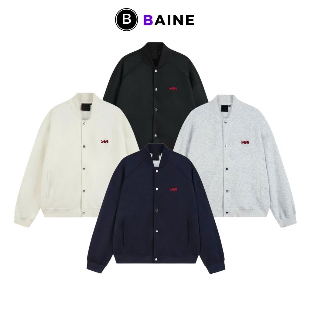 Áo Khoác BOMBER THÊU LOGO Nỉ Nhung KN24, Áo Khoác Có Túi Nam Nữ Cúc Bấm BAINE
