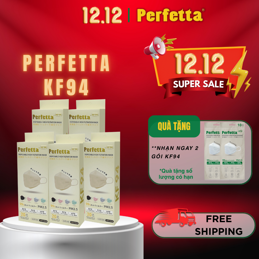   Tặng 2 Gói KF94  - Combo 5 Hộp Khẩu Trang Perfetta KF94 20 Cái Hộp -  3 Lớp Mềm Mại. 