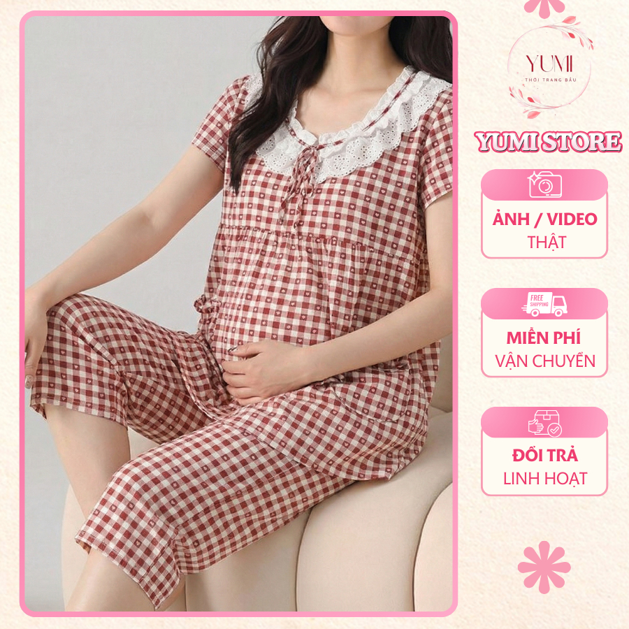 Pijama Bầu Dài Caro Đỏ Cổ Ren Vintage – Bộ Đồ Bầu Mặc Nhà – YUMI STORE