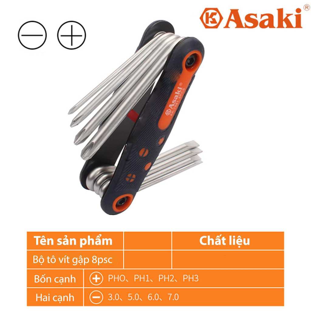 Bộ tô vít gập 8 chi tiết ASAKI [CHÍNH HÃNG]  AK-7981 bốn cạnh: PH0, PH1, PH2, PH3, hai cạnh: 3, 5, 6