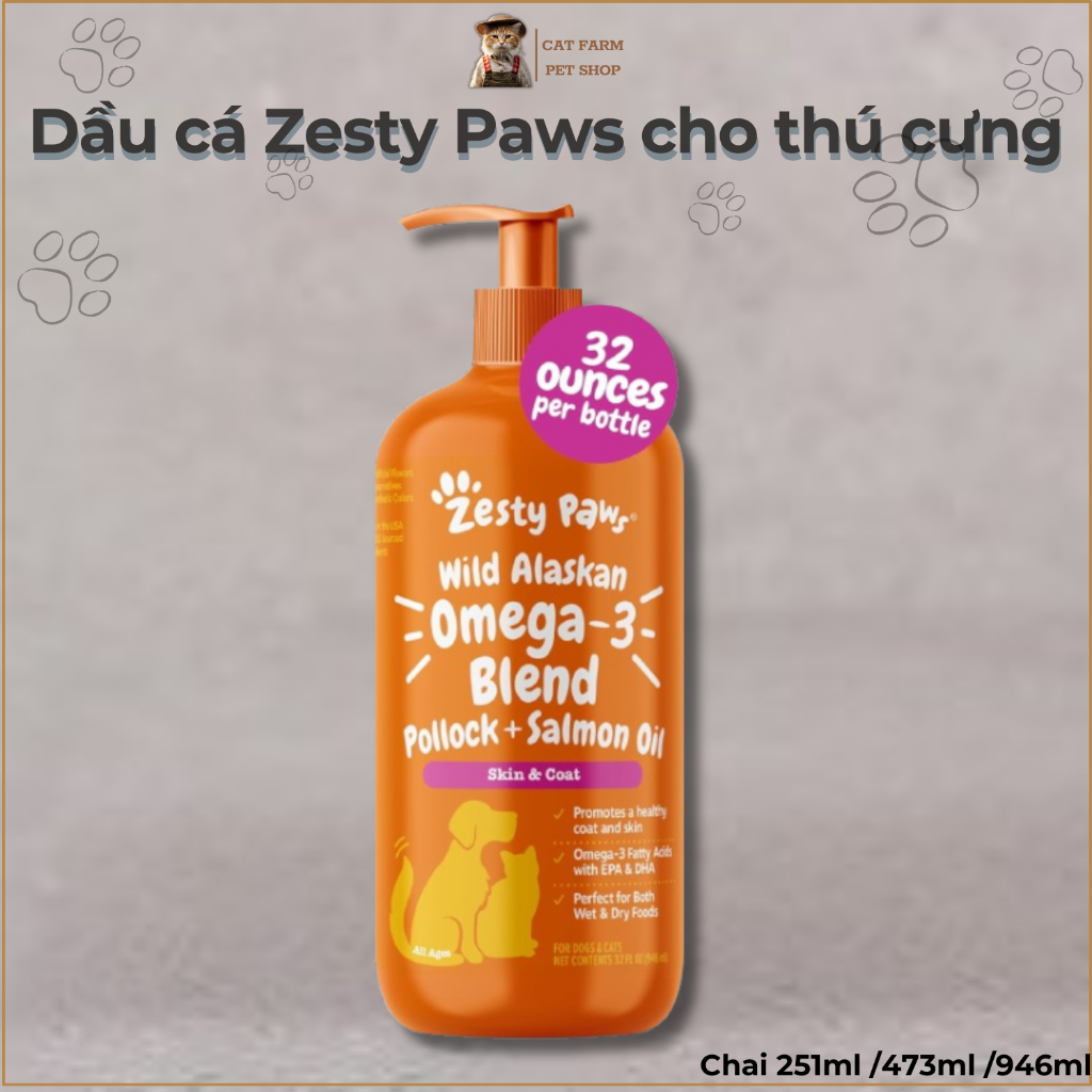 Dầu Cá Zesty Paws Wild Alaskan Omega-3 Blend cho Thú Cưng – Từ cá Tuyết và cá Hồi, Hỗ Trợ Da & Lông