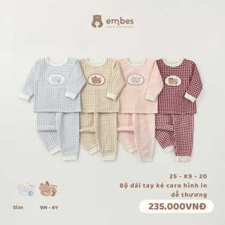  Đồ Bộ Cho Bé Embes Bộ Dài Tay Kẻ Caro Ngực Đáp Hình Chất Cotton Dày Mặc Thu Đông Cho Bé Từ 8-18Kg 