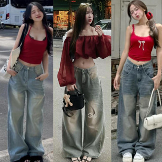  Quần Jean Nữ Màu RETRO Ống Rộng Wash Vintage Dáng Suông Lưng Cao Phong Cách Ulzzang Hàn Quốc 2024 