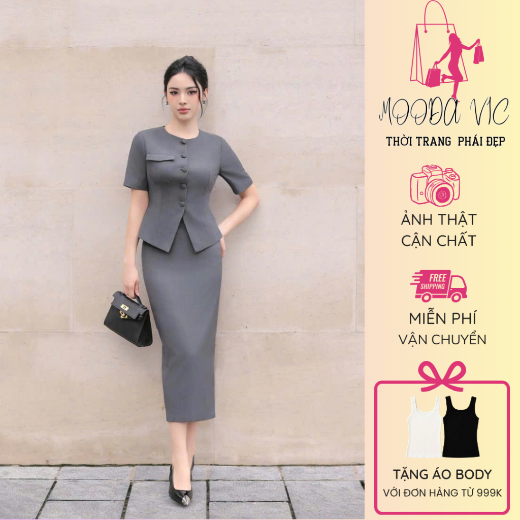 [MD24246] - Sét Bộ Công Sở Nữ Cao Cấp - Áo Vest Tay Ngắn + Chân Váy Dài Xẻ Tà Sang Trọng