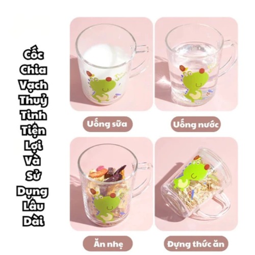 Cốc Thủy Tinh Chia Vạch Dung Tích Lớn, Có Nắp Chống Tràn & Ống Hút Silicone Cao Cấp Cho Bé - GD350-L