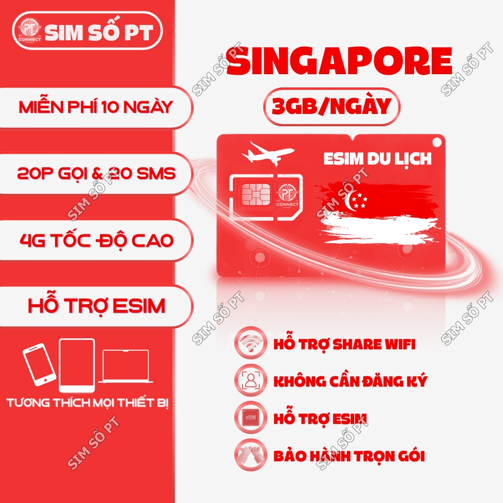 eSIM Singapore & 3 Nước ĐNA 2GB/Ngày Gọi Free – 3 Đến 15 Ngày – Hỗ Trợ eSIM – Tốc Độ Cao 5G