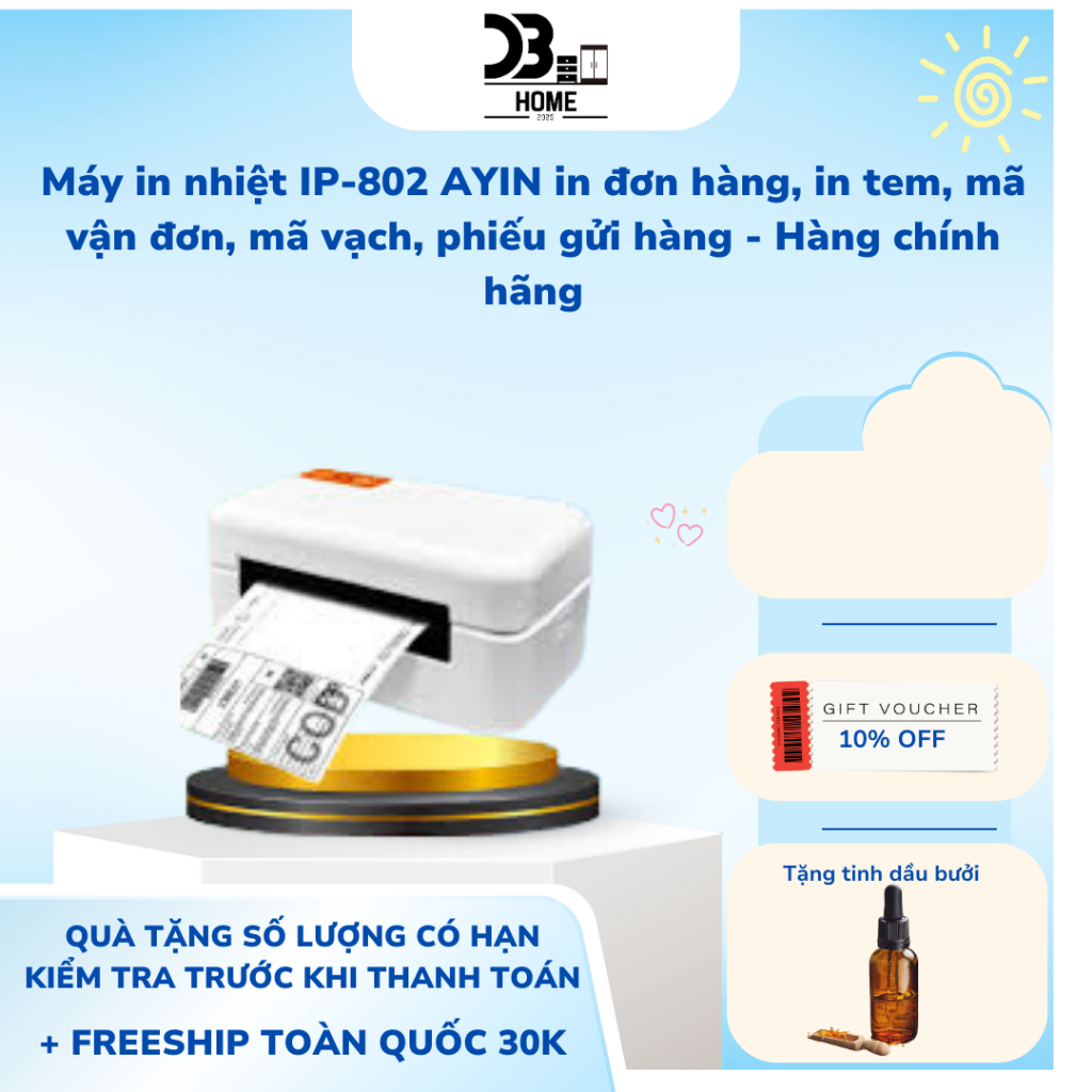 Máy in nhiệt IP-802 AYIN in đơn hàng, in tem, mã vận đơn, mã vạch, phiếu gửi hàng - Hàng chính hãng