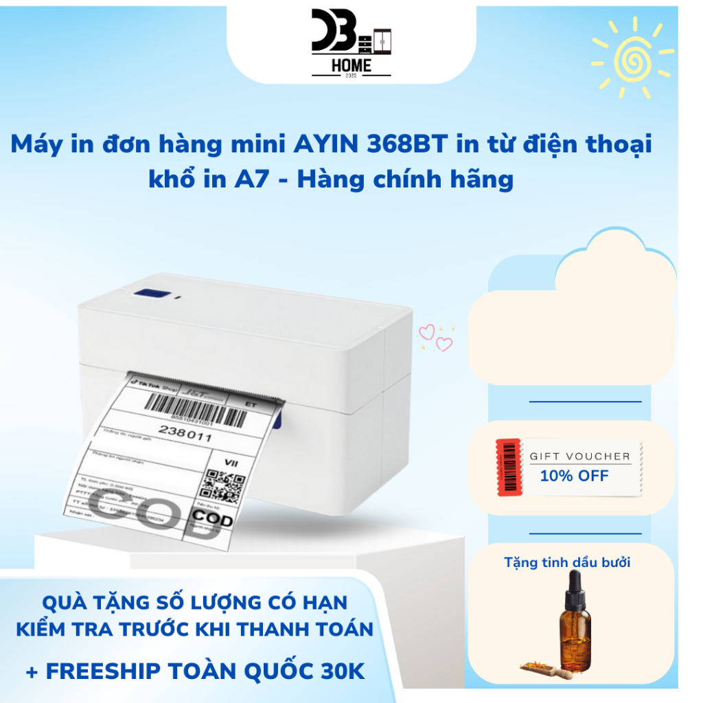 Máy in đơn hàng mini AYIN 368BT in từ điện thoại khổ in A7 - Hàng chính hãng