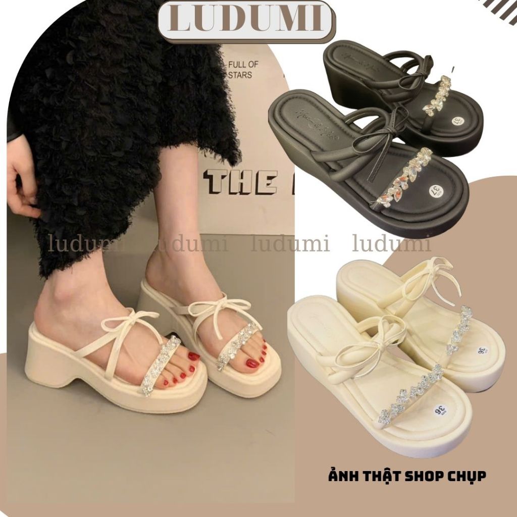 Dép đế xuồng quai ngang phối nơ thắt ,đá liti cao 7 phân LUDUMI