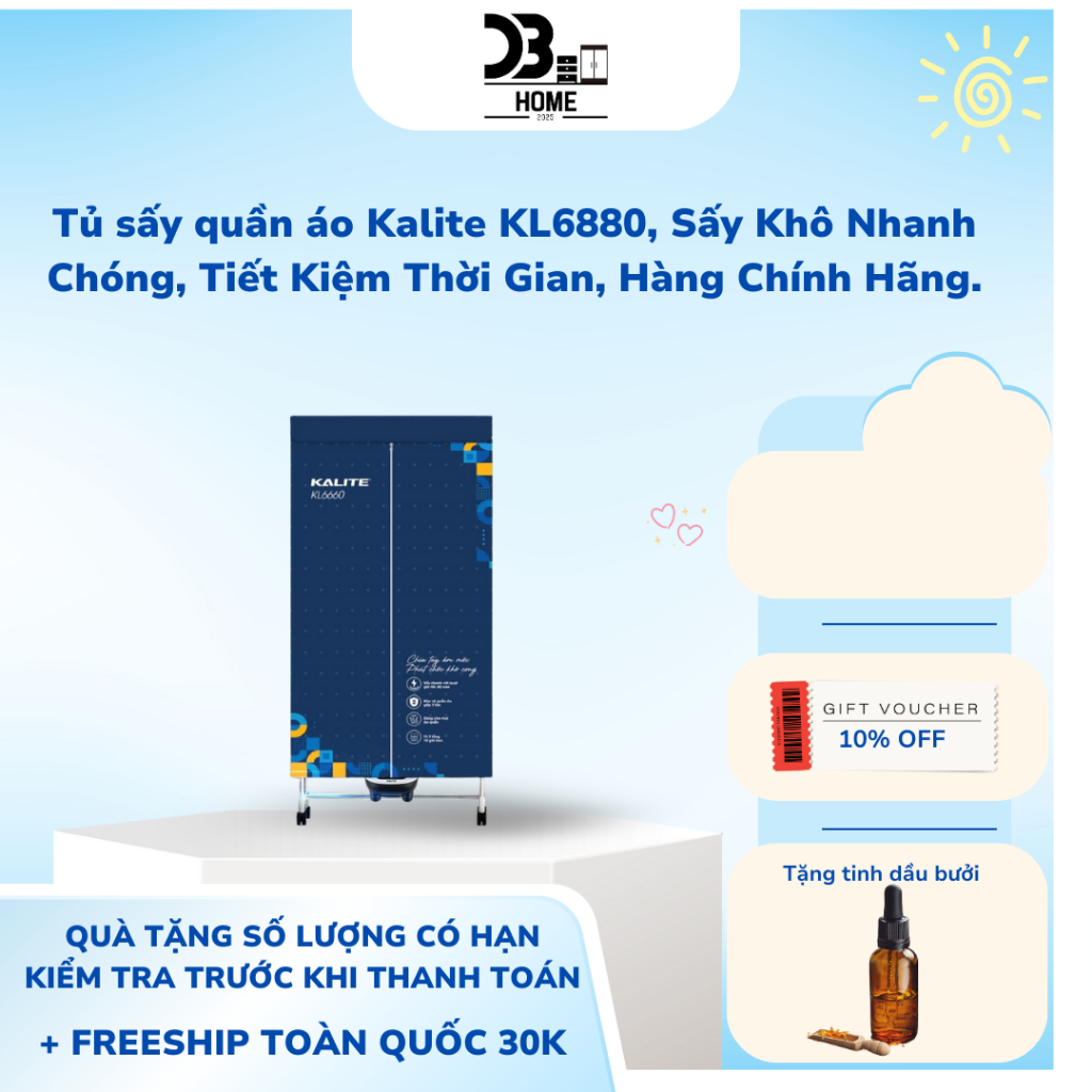 Tủ sấy quần áo Kalite KL6880, Sấy Khô Nhanh Chóng, Tiết Kiệm Thời Gian, Hàng Chính Hãng.