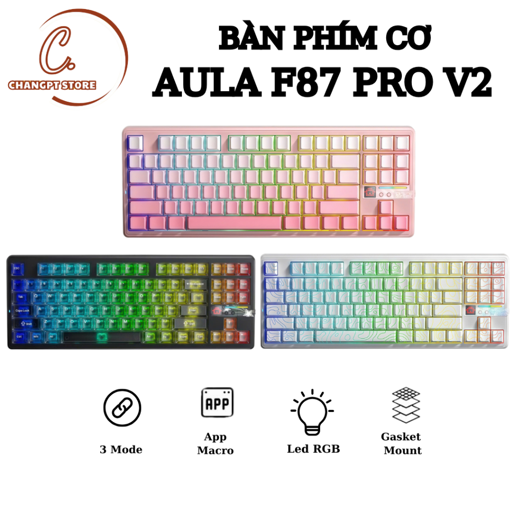 AULA F87 PRO V2 -  BÀN PHÍM CƠ GAMING 3 MODE - LED RGB - PIN 10.000 mAh - CÓ APP CHỈNH MACRO