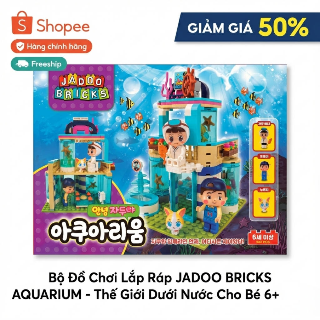 Bộ Xếp Hình Jadoo Bricks Chủ Đề Thủy Cung Vui Nhộn - Kèm Nhân Vật Hoạt Hình Xin Chào Jadoo (342 Mảnh