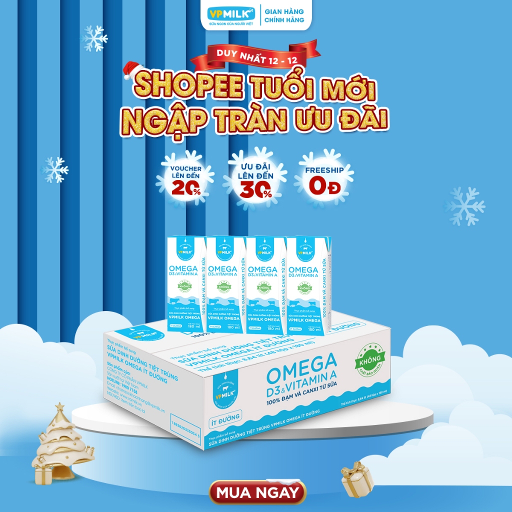  Sữa Dinh Dưỡng Tiệt Trùng VPMilk Omega Ít Đường dạng hộp 180ml  thùng 48 hộp  