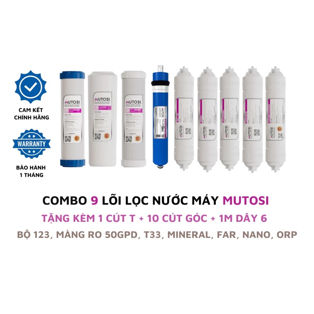 Bộ 9 lõi lọc nước Mutosi chính hãng dùng cho máy lọc nước RO 9 cấp lọc (123, RO, T33, Min, Far, Nano
