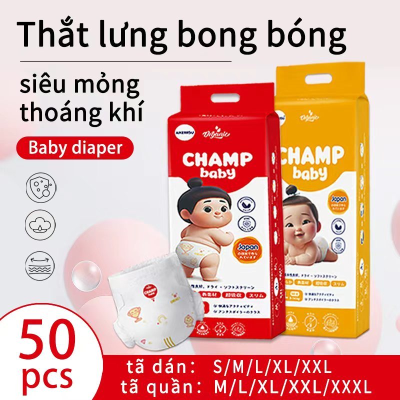 [Sản phẩm mới]-CHAMPION BABY-Tã quần/tã dán cho bé thoải mái, nhẹ và thoáng khí giao hàng nhanh S/M/L/XL/XXL/XXXL(50pcs)