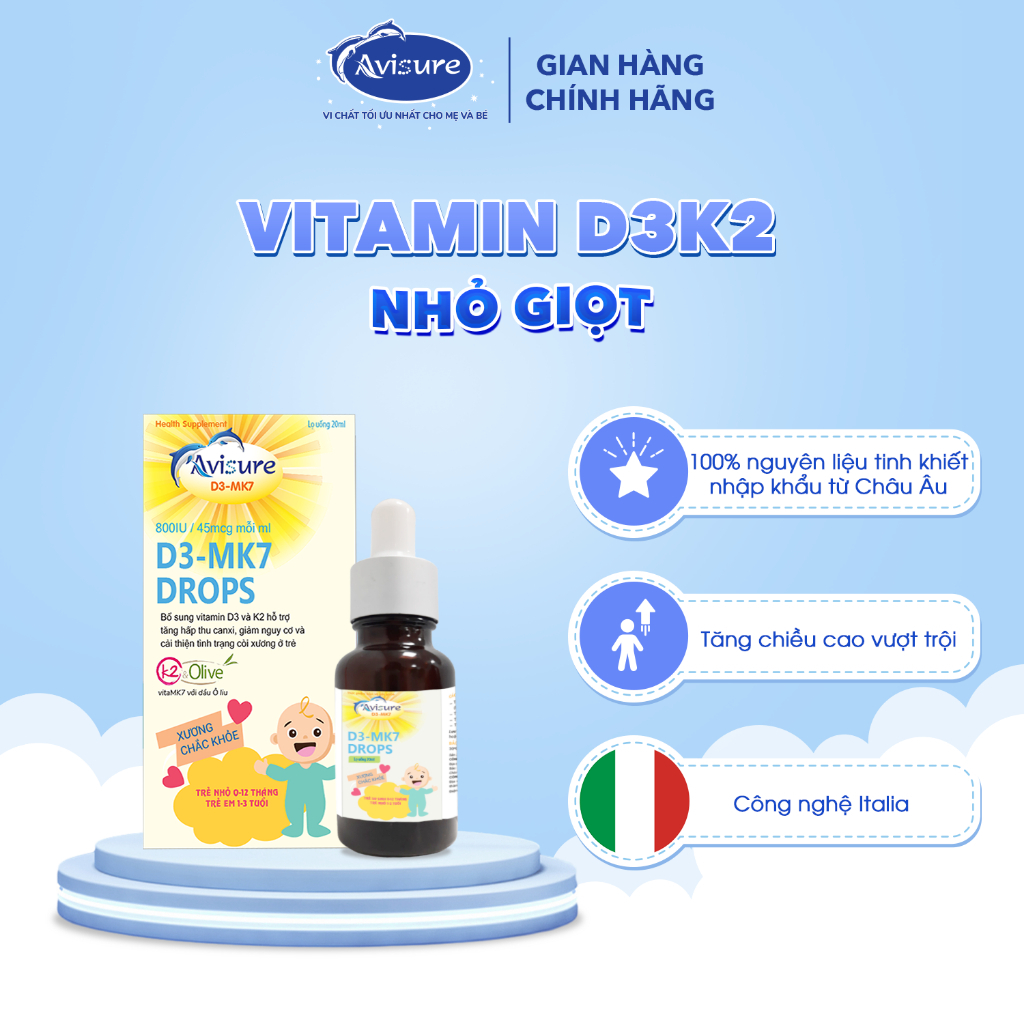 [MỚI 30ml TÍCH ĐIỂM] Vitamin D3 K2 tinh khiết Avisure D3MK7 hỗ trợ bé cao lớn, ngủ ngon Ocean D3K2
