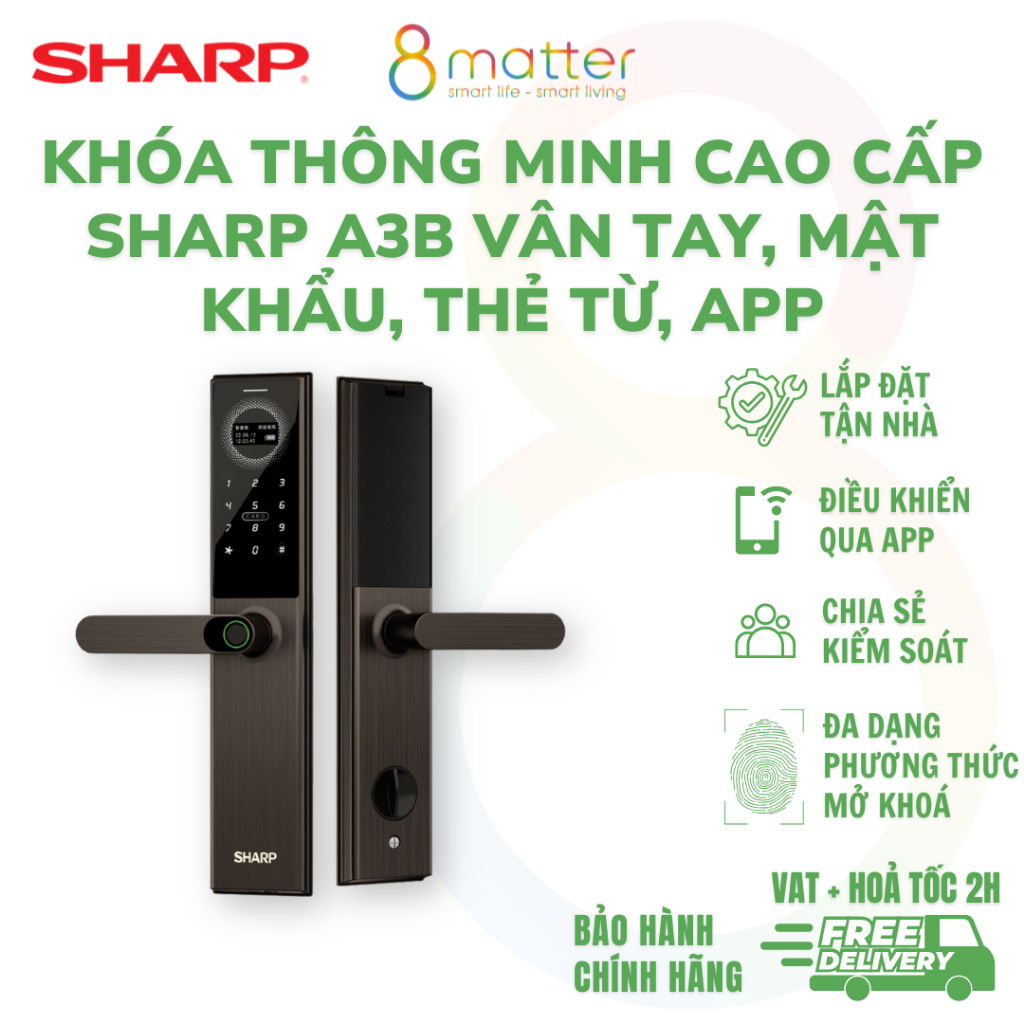 Khóa Thông Minh Sharp A3B Cao Cấp Vân Tay, Mật Khẩu, Thẻ Từ, APP - HỖ TRỢ LẮP ĐẶT