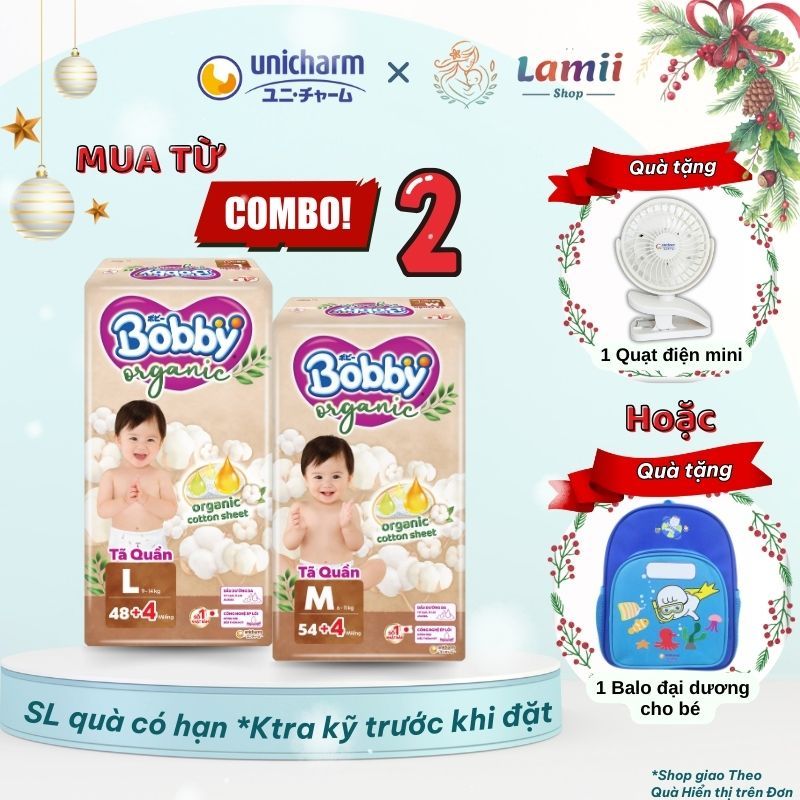 COMBO 2 Tã Quần Bobby Organic Bỉm Cao Cấp Dành Cho Bé Chính Hãng full size M54, L48, XL, 2XL,3XXL