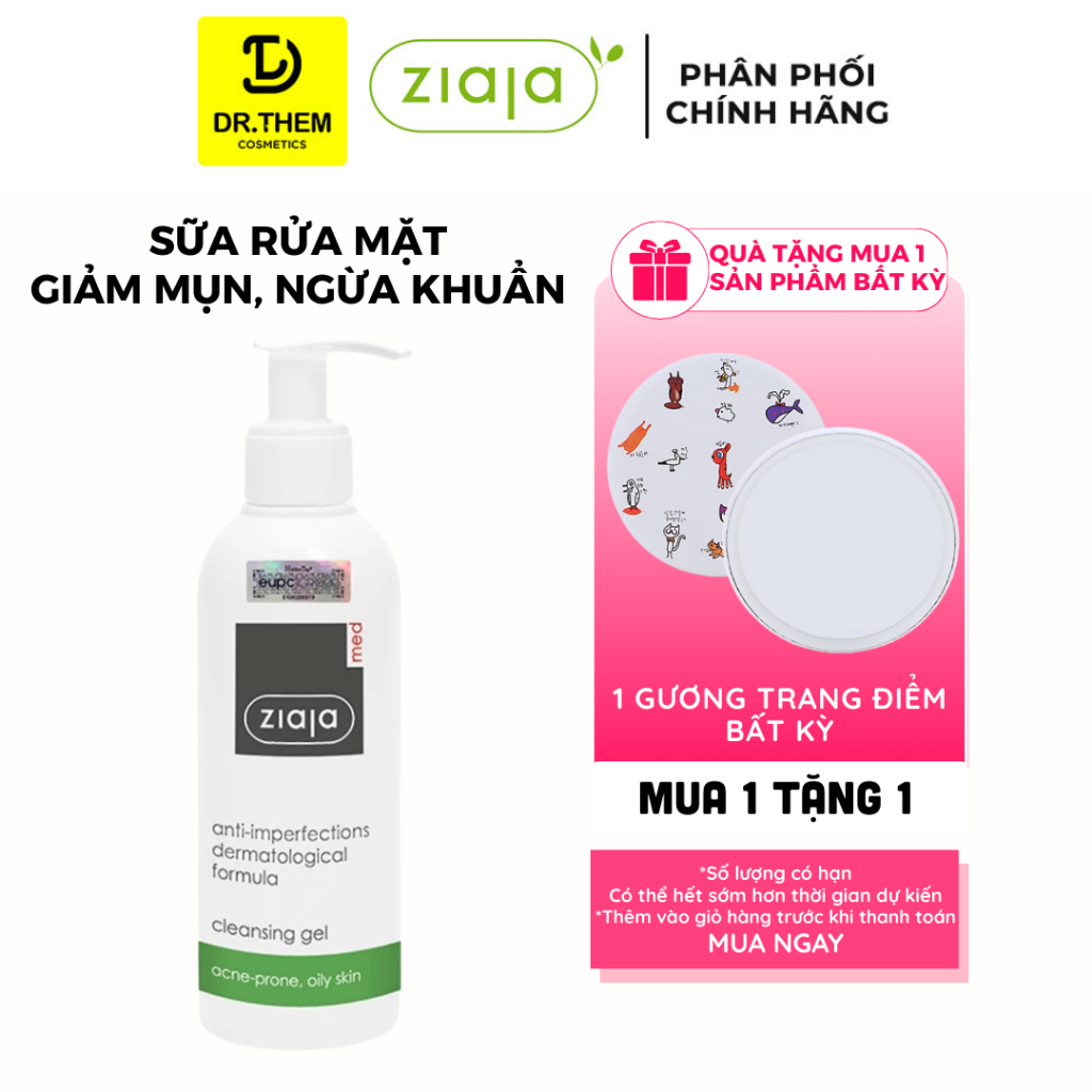  Sữa Rửa Mặt Giảm Mụn Ngừa Khuẩn - Ziaja Med Anti Imperfections Formula Cleansing Gel 200ml- Dr Thêm 