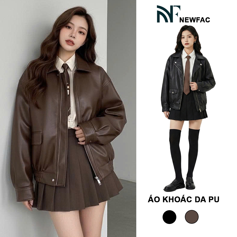 (Ảnh NewFac) Áo Khoác Da PU Nữ Cao Cấp, Áo Khoác Da Trơn Khoá Kéo Dầy Dặn, Đứng Form A01