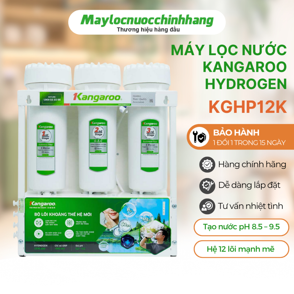 Máy lọc nước Kangaroo Hydrogen KGHP12K hệ 12 lõi mạnh mẽ 1 vòi 2 chế độ nước RO và nước Hydrogen