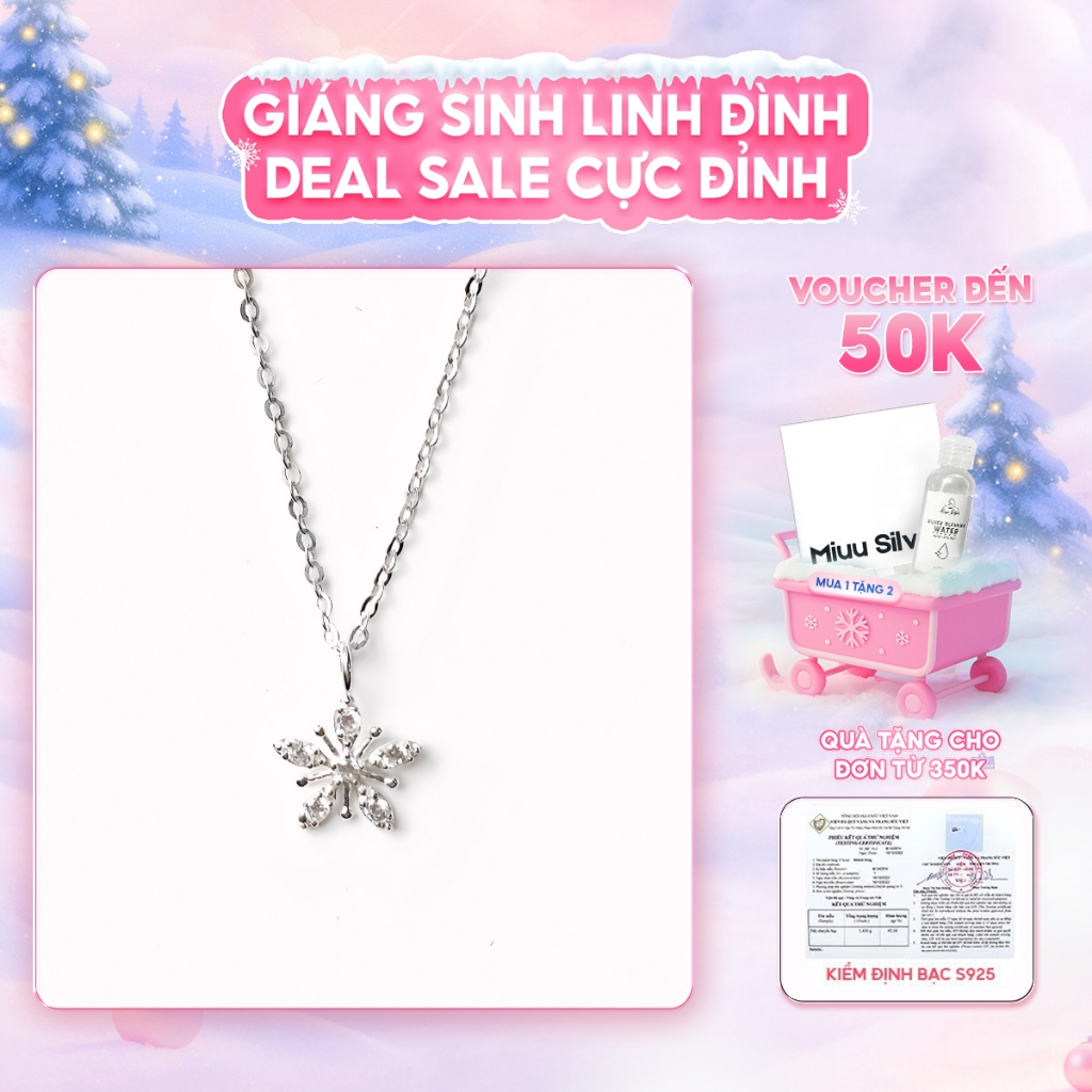  Vòng cổ nữ bạc 925 Miuu Silver hình bông tuyết đính đá Snowflakes Necklace 