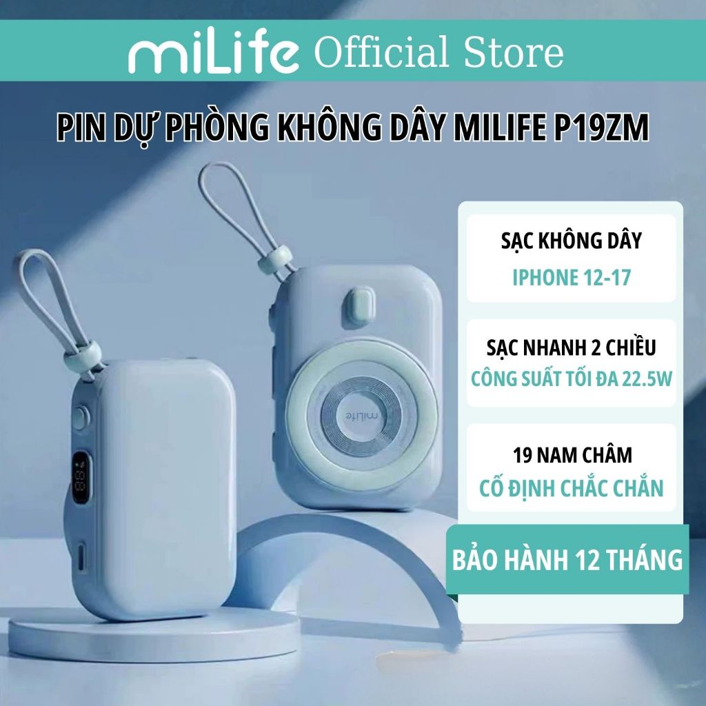 Pin sạc dự phòng 10000mAh PD 22.5w miLife, sạc không dây hút từ tính QI