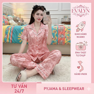   PYJAMA  Bộ Pyjama Nữ Lụa Cát Họa Hình Hồng Đậm Mịn Mát Tay Ngắn Quần Dài Mặc Nhà Thoải Mái 