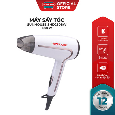 Máy sấy tóc SUNHOUSE SHD2308W - 2 tốc độ - 3 mức nhiệt linh hoạt - Công suất 1500W