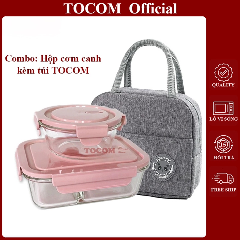 COMBO Hộp Cơm Văn Phòng TOCOM Thủy Tinh 2-3 ngăn 1000ml + Hộp Canh + Túi Giữ Nhiệt Dùng Được Trong Lò Vi Sóng