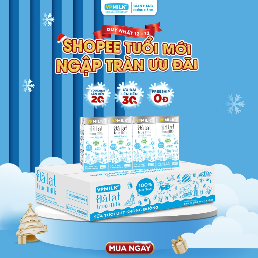  Sữa tươi UHT Đà Lạt True Milk VPMilk không đường hộp 180ml  thùng 48 hộp  