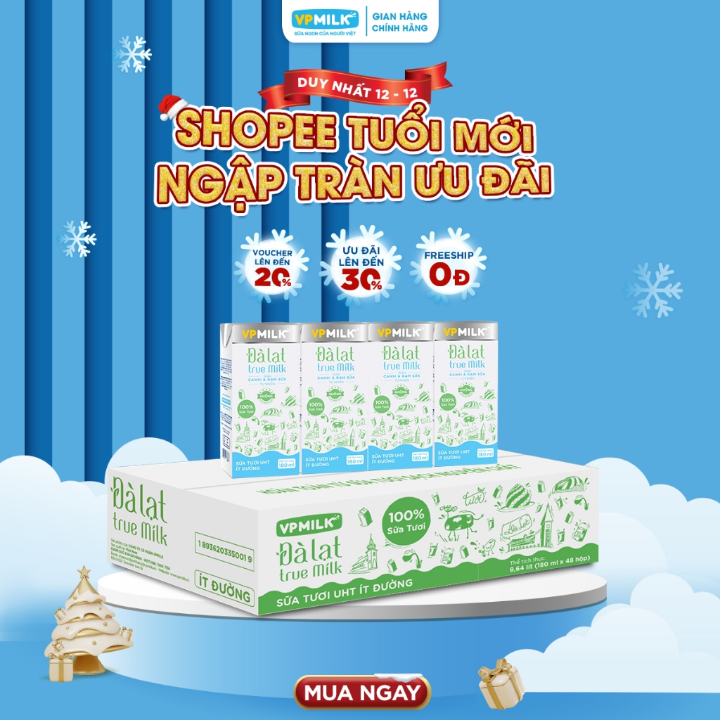  Sữa tươi UHT Đà Lạt True Milk VPMilk ít đường 180ml  thùng 48 hộp  